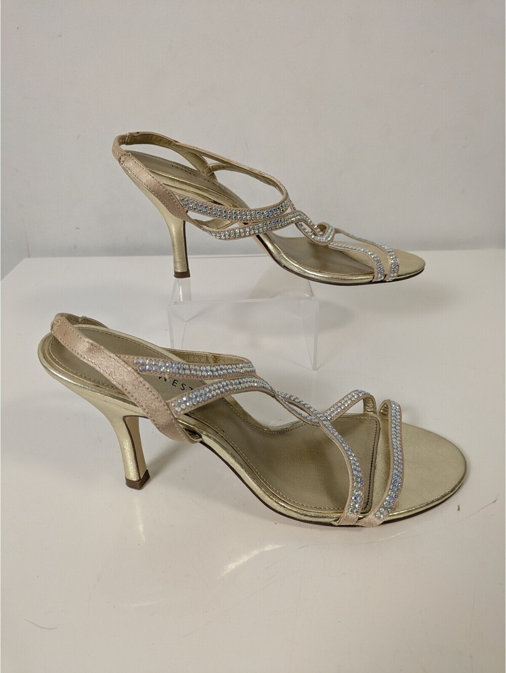 Nine West Metallic Gold Rhinestone Strappy Slingback Heeled Sandals